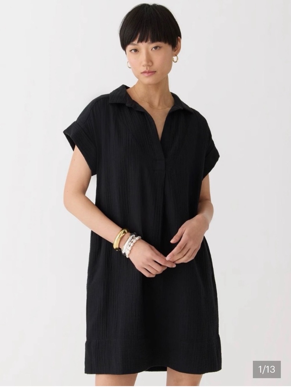 J.Crew Cotton Gauze Black Short Sleeve Collared Tunic Dress Large